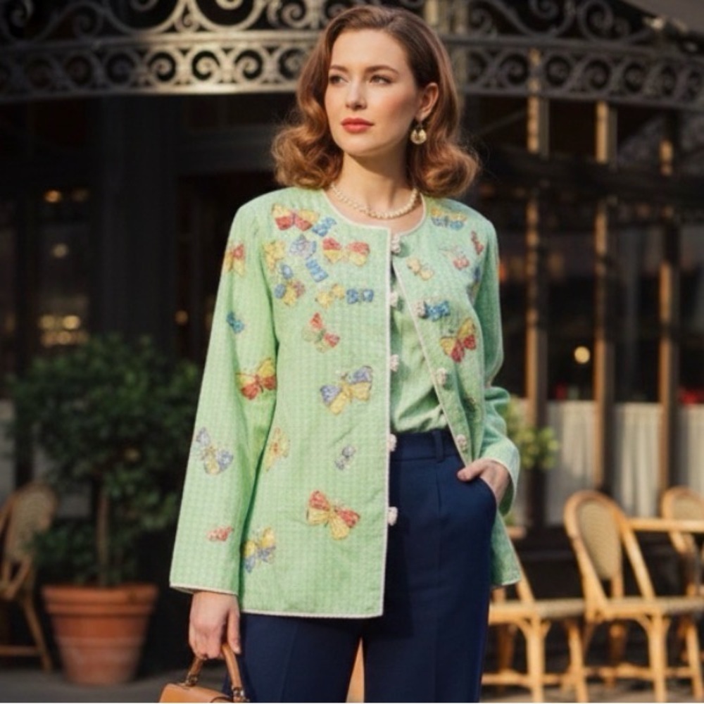 Indigo Moon Mint Green Sequin Butterflies Jacket size medium gentle use